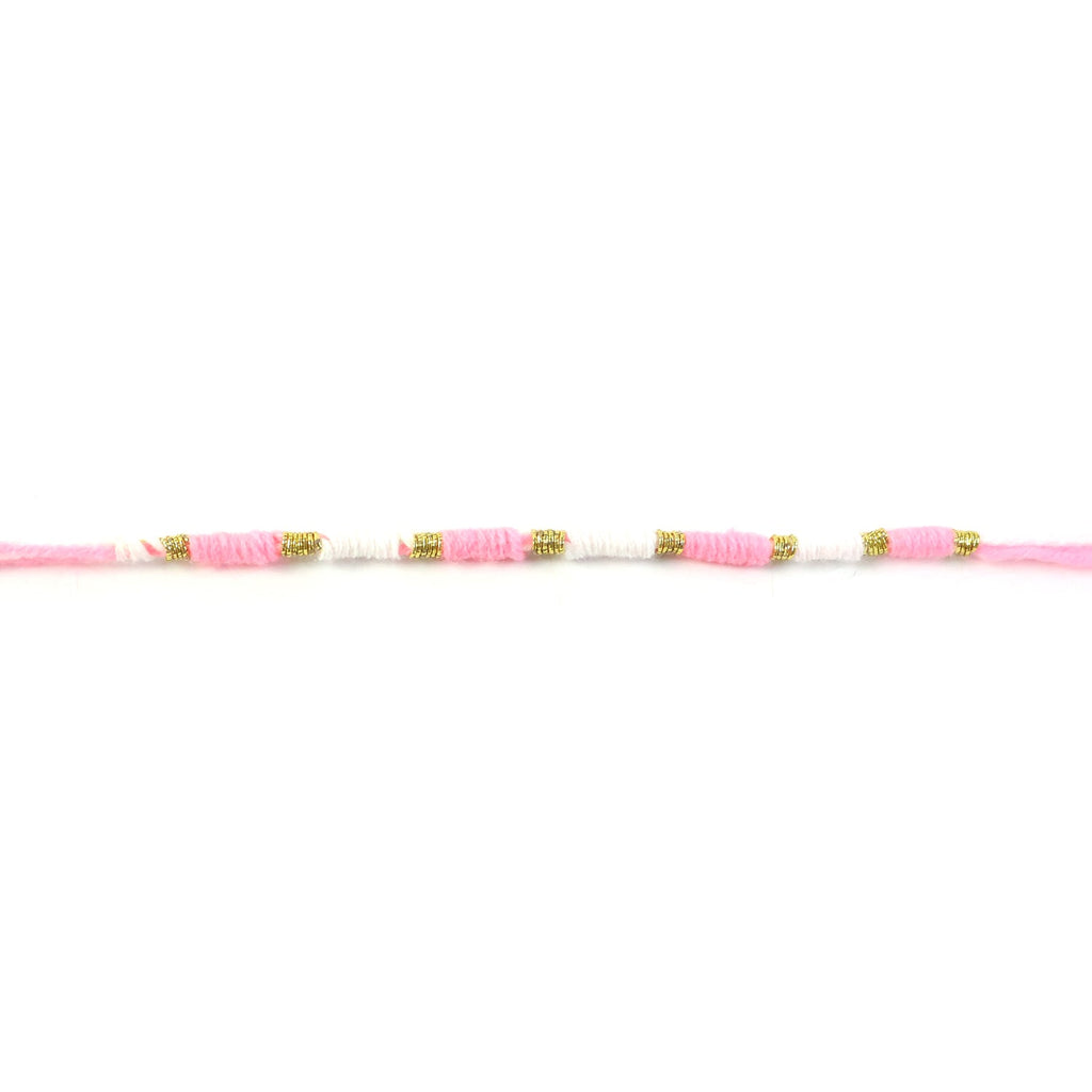 Cute Pink White Thread Rakhi for Brother with Golden Beads (1 Pc)