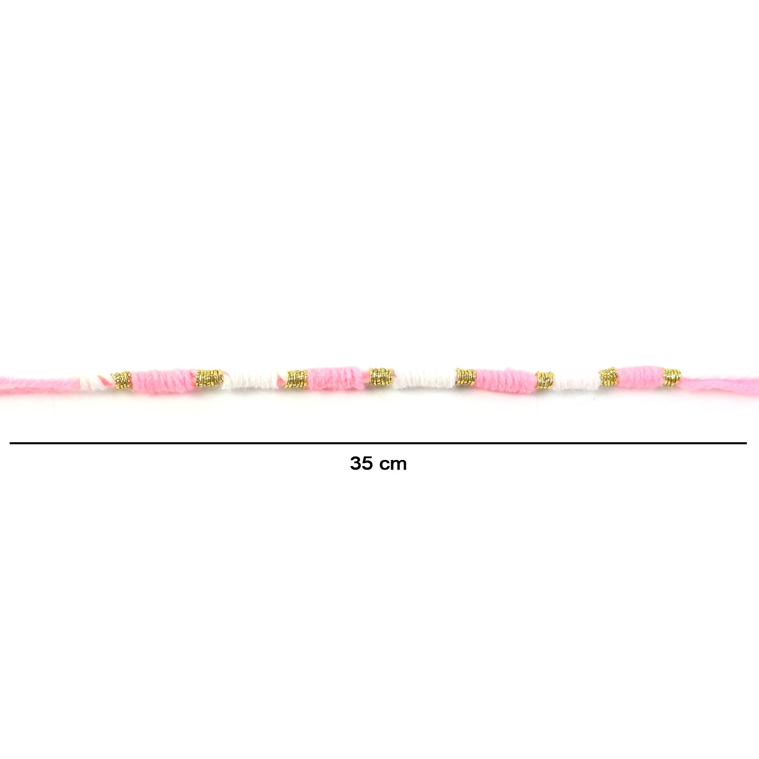 Cute Pink White Thread Rakhi for Brother with Golden Beads (1 Pc)
