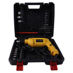 Drill machine tool kit open carry case white background all accessories