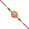 Designer Floral Rakhi With Beaded Strap  Red Green  Gold Accents